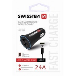 SWISSTEN CAR CHARGER 2,4A POWER WITH 2x USB + CABLE USB-C 20110908