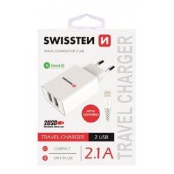 SWISSTEN SÍŤOVÝ ADAPTÉR SMART IC, CE 2x USB 2,1 A POWER BÍLÝ +...