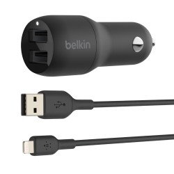 BELKIN Dual USB-A Car Charger w/ 1M PVC A-LTG, 24W, BLK CCD001bt1MBK