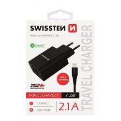 SWISSTEN SÍŤOVÝ ADAPTÉR SMART IC, CE 2x USB 2,1 A POWER ČERNÝ +...
