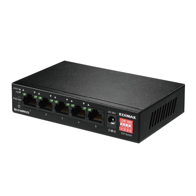 Edimax 5x10/100 Switch, 4x PoE+ ports, ext. power, 802.3af/at,55W budget (30W/p) ES-5104PH v2